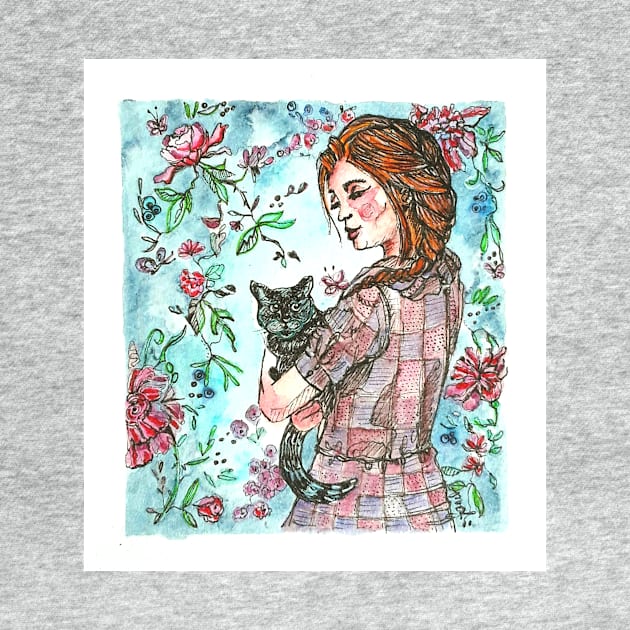 Vintage girl with black cat by FirmbelieverArt